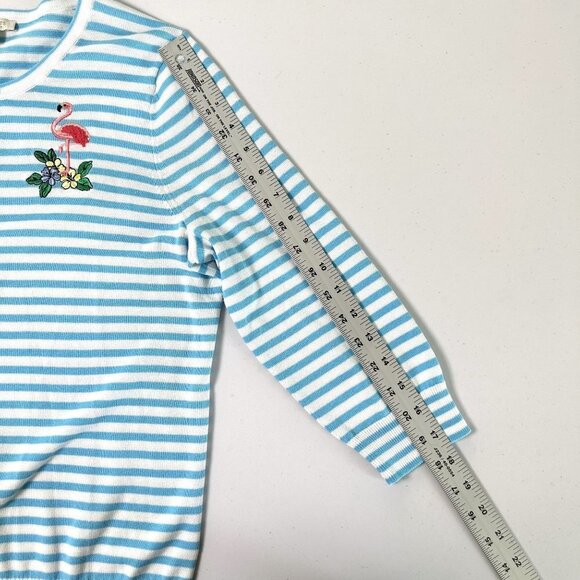 Talbots Cardigan Sweater Petite M MP Blue White Striped Embroidered Flamingo - Picture 8 of 10